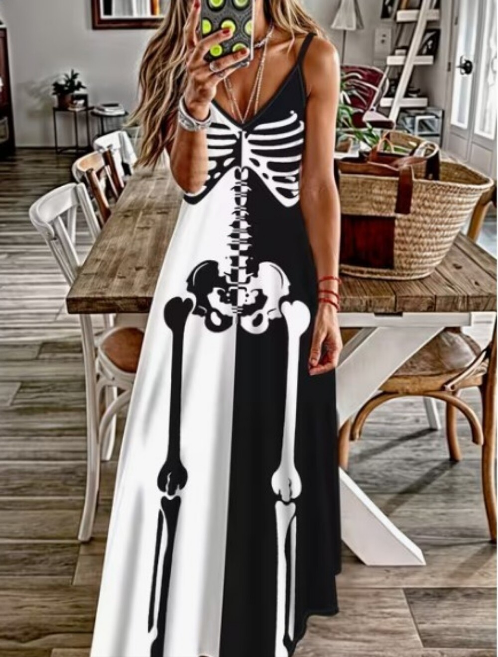Black & White Skeleton Print Maxi Dress - Women